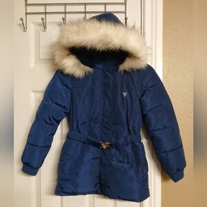 GUESS Blue Hooded Puffer Coat with Faux Fur Trim - Size 10